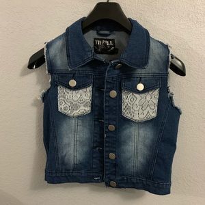 Distressed, lace, jean jacket: child large